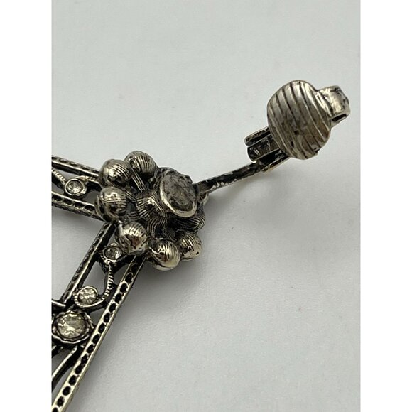 Vintage Silver Tone Dangle Earrings Clip Clear Rhinestones 2.5" - Picture 12 of 13